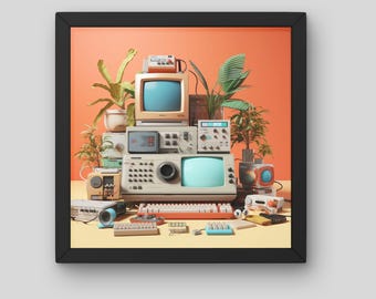 Surrealistische technische kunstprint: retro computers en planten (digitale download)