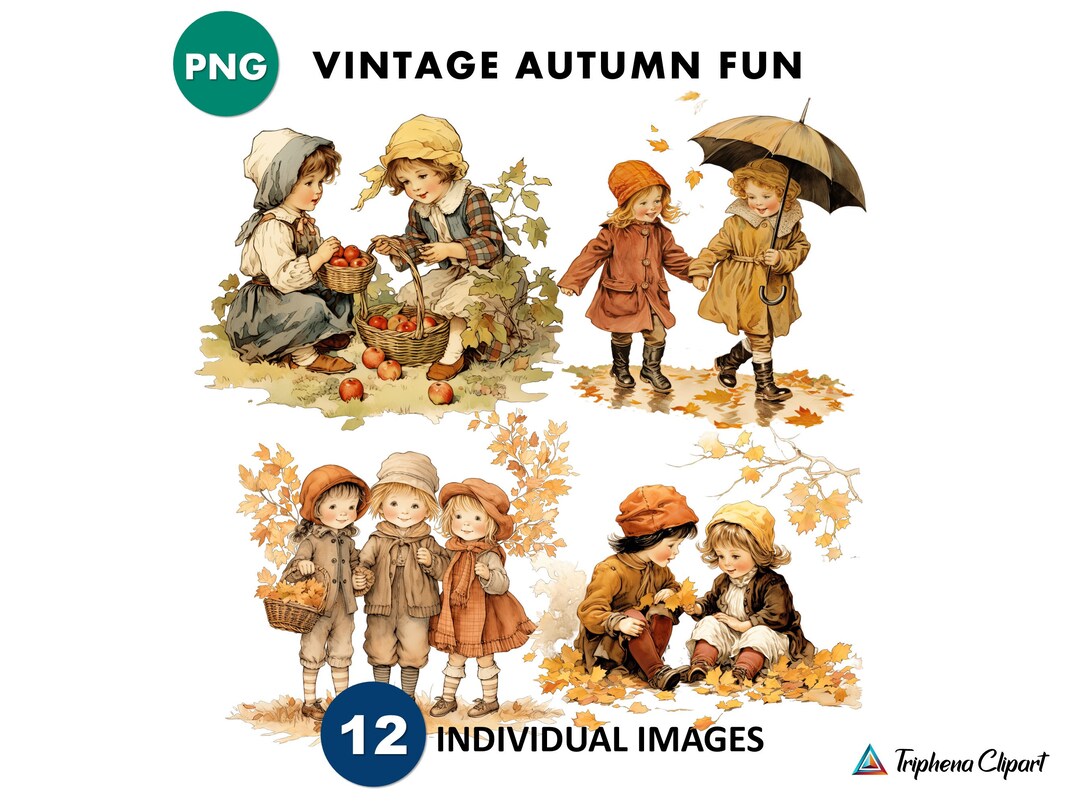 Vintage Autumn Clipart, Fall Clipart, Kids in Autumn, 12piece Clipart