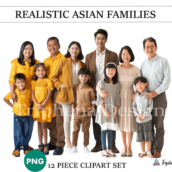 Realistic Asian Families Clipart, Family Clipart Bundle, Transparent PNG, Photographic Realism Clipart, Real People Clipart, Multicultural