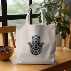 Hamsa Hand Tote Bag, Mystical Hamsa Eye Design, Spiritual Protection Bag, Boho Chic Tote, Yoga Bag, Mandala Unique Art Print Bag
