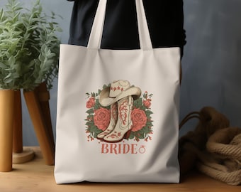 Wedding Bride Tote Bag, Rustic Floral Personalized Bridal Tote, Bachelorette Party Gift, Customizable Cowgirl Gift Bag