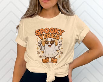 Spooky Vibes T-Shirt, Retro Halloween Ghost, Cool Ghoul Tee, Funny Halloween Shirt, Trendy Fall T Shirt, Peace Sign Ghost T Shirt
