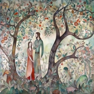 Adam und Eva im Garten Eden - Abstraktes Aquarell Herunterladbare Kunst