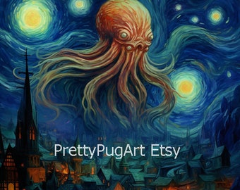 Cthulhu's Enigmatic Night - Van Gogh Inspired Digital Art - Set