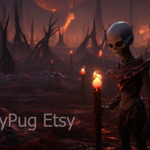 Puede incluir: Una figura esquelética con una cara pálida, casi translúcida, se encuentra en un bosque oscuro y de otro mundo. La figura está rodeada de árboles altos y delgados y antorchas rojas brillantes. El suelo está cubierto por una capa de polvo rojo.