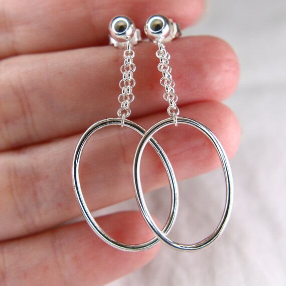 Oval Circle Sterling Silver 925 Long Chain Stud E… - image 3