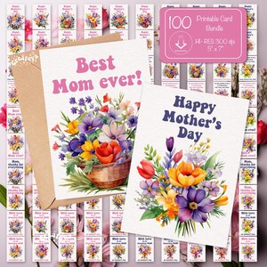 Biglietto di auguri per la festa della mamma Biglietto d'amore per la mamma Set di biglietti stampabili Cartolina con fiori ad acquerello Biglietto di auguri per la festa della mamma digitale stampa e ritaglia