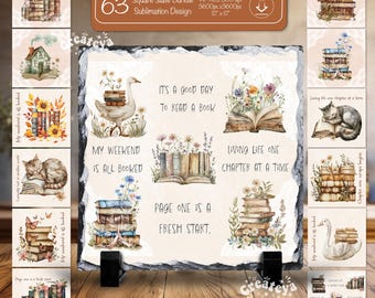 Buch-Liebhaber-Zitat Blumenbücher PNG Schiefer Sublimations-Bündel Vintage Aquarell Lesequadrat Schiefer Sublimation Wandkunst Bibliothek Dekor
