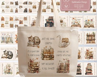 "Aquarell Bücher Stapel PNG: Vintage Blumen Katzen Einkaufsbeutel Design (Digitaler Download)"