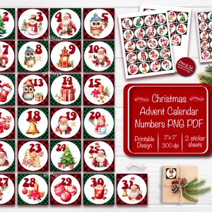 Numéros de l'Avent de Noël Compte à rebours pour Noël Étiquettes imprimables Autocollant mignon imprimable PNG à imprimer et à découper