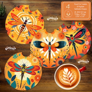 Dragonfly Car Coaster Sublimation Designs: Folk Art PNG (Digital Download)
