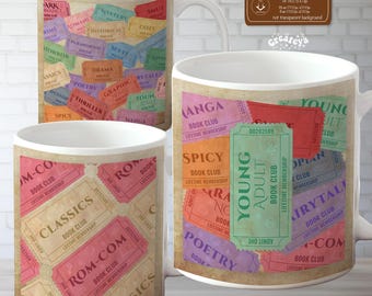 Book Club Ticket Mug Wraps PNG Bookish Sublimationsentwürfe Vintage Bibliotheksticket literarisch ästhetisch gemütlich druckbar für Leser