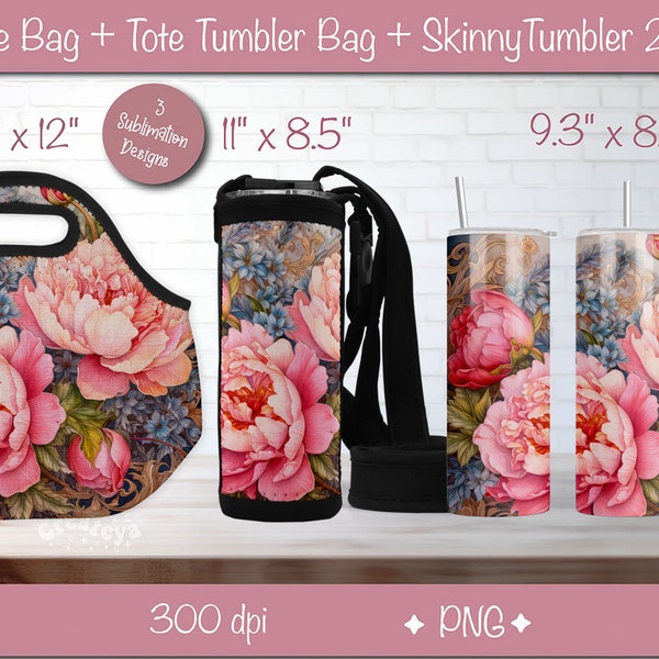 Purse look Lunch tote 20 oz skinny tumbler wrap design Tote Tumbler bag sublimation bundle Pink Peony Background png