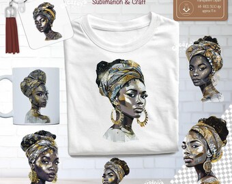 Schwarz Mädchen Magie Sublimation Clipart Bundle Afro Frau Porträt PNG Melanin Kunst Transparent Hintergrund T-Shirt und Becher Design