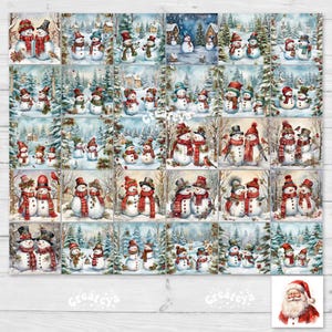 May include: A digital collage of 25 illustrations featuring snowmen in various winter scenes. The snowmen are depicted in different poses and wearing various accessories, such as hats, scarves, and mittens. The scenes include snow-covered trees, houses, and other wintery elements.