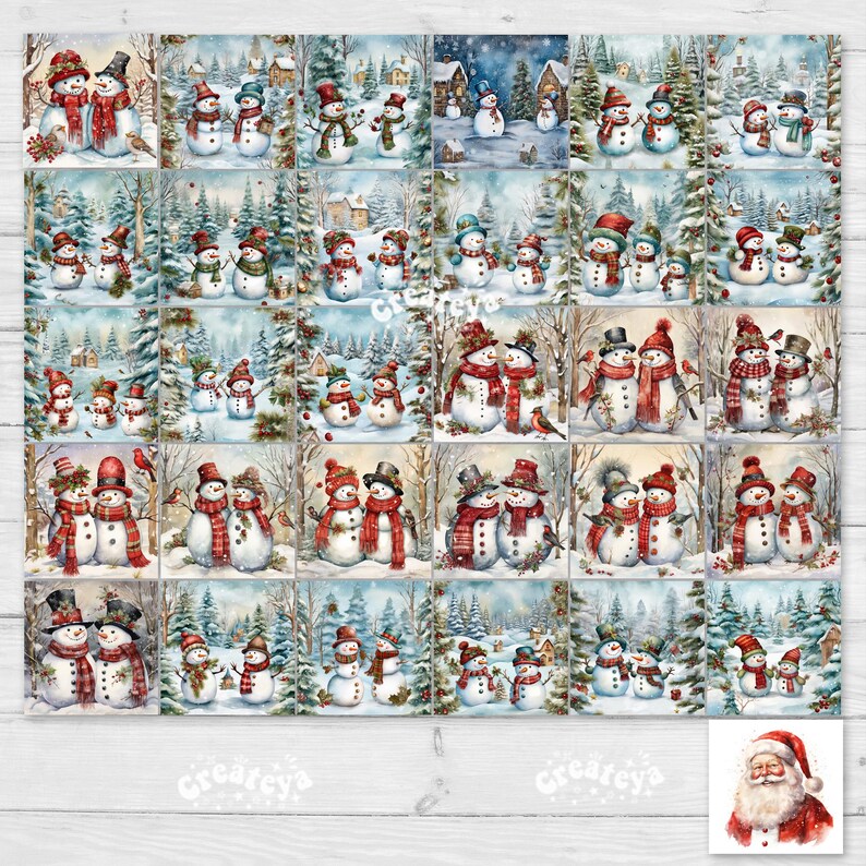 May include: A digital collage of 25 illustrations featuring snowmen in various winter scenes. The snowmen are depicted in different poses and wearing various accessories, such as hats, scarves, and mittens. The scenes include snow-covered trees, houses, and other wintery elements.