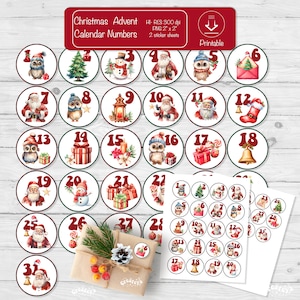 Numéros de l'Avent de Noël Compte à rebours pour Noël Étiquettes imprimables Autocollant mignon imprimable PNG à imprimer et à découper