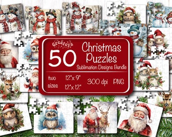 Może przedstawiać: Zestaw 50 cyfrowych wzorów puzzli świątecznych w dwóch rozmiarach: 30,5 cm x 23 cm i 30,5 cm x 30,5 cm. Wzory przedstawiają różne motywy świąteczne, w tym Świętego Mikołaja, bałwany, sowy, jelenie i myszy. Wzory są plikami PNG o rozdzielczości 300 dpi.