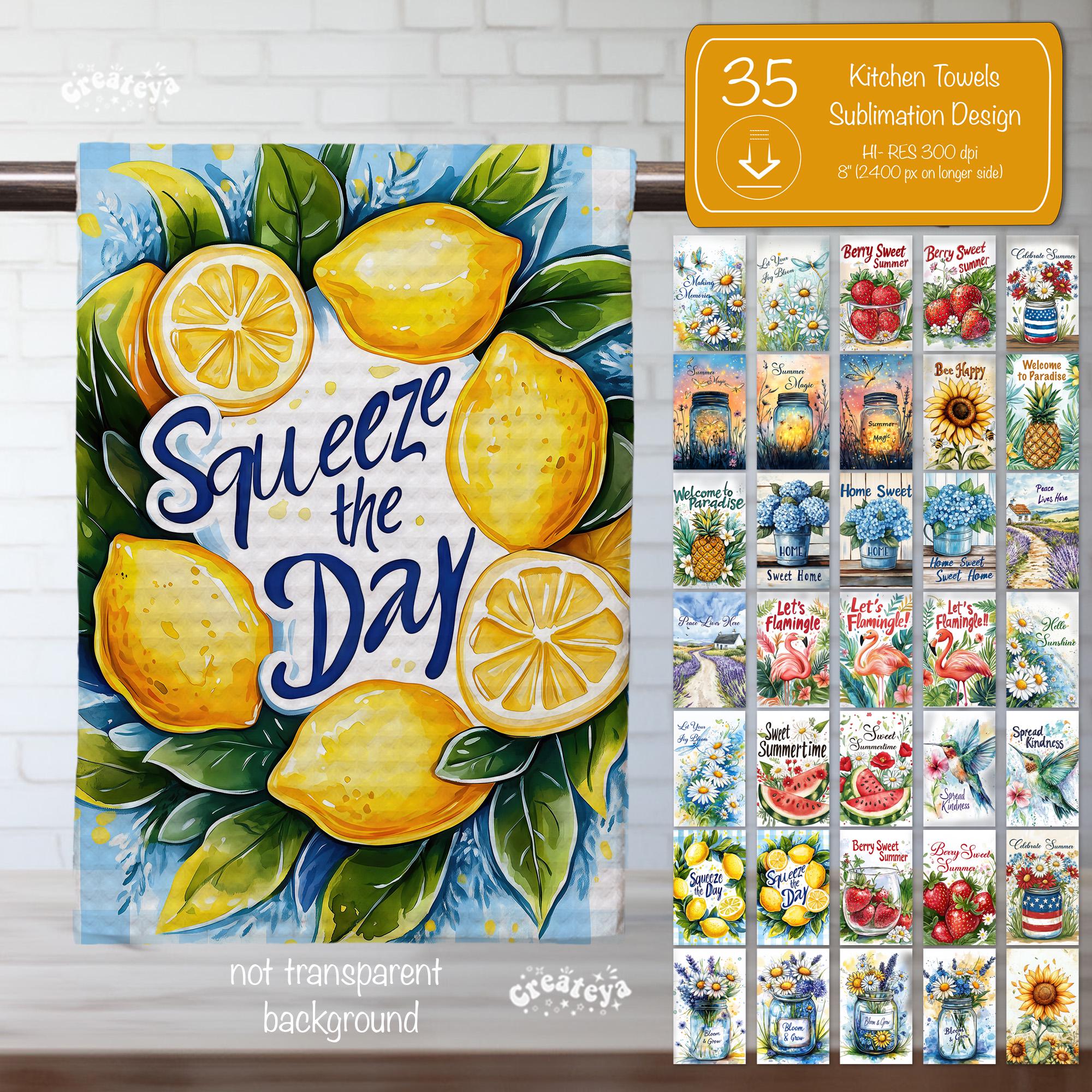 Summer Kitchen Towel Sublimation PNG Bundle: Floral Watermelon Flamingo Designs (Digital Download)