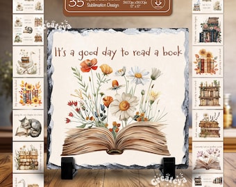 Citação de amante de livros, livros florais, PNG, pacote de sublimação de ardósia, aquarela vintage, leitura, quadrado, ardósia, arte de parede, decoração de biblioteca