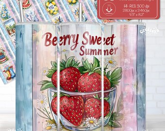 Sommer Tumbler Wrap Bundle PNG Skinny 20 Unzen Sublimation Nahtlose Aquarell Blumen Obst Wraps Zitrone Bauernhaus Drinkware Designs