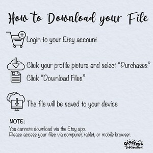 May include: A white background with black text explaining how to download a digital file from Etsy. The text includes instructions to log in to your Etsy account, click your profile picture, select "Purchases", and click "Download Files". The text also states that you cannot download via the Etsy app and to access your files via computer, tablet, or mobile browser.