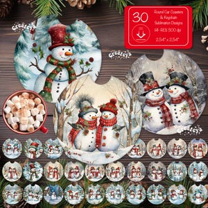 Christmas Car Coaster Bundle PNG Car Coaster Sublimation Design Watercolor Snowman PNG