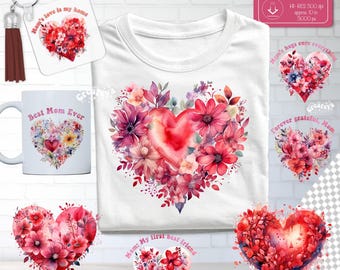 Muttertags-Sublimationspaket PNG Beste Mutter aller Zeiten Blumenherz-Design, Muttergeschenk Handwerk Design, Muttertags-Shirt PNG