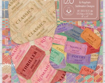 Book Club Tickets Quadratischer Untersetzer Bundle Sublimations Designs Vintage Bibliotheksticket PNG Bücherwurm Retro Schlüsselbund