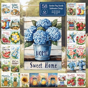 Może przedstawiać: Zestaw 58 wzorów flag ogrodowych z różnymi motywami letnimi, w tym hortensje, słoneczniki, świetliki i jagody. Wzory idealnie nadają się do dodania odrobiny letniego wesołości do domu.