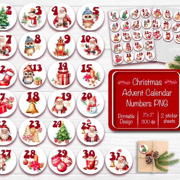 Christmas Advent numbers Countdown to Christmas Printable labels Cute Sticker Printable PNG Print and Cut