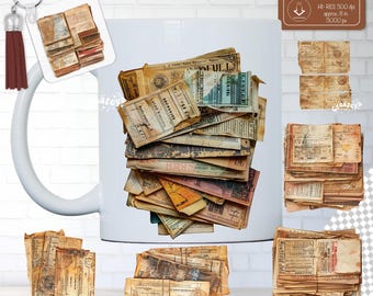 Vintage Ephemera Bundle PNG Junk Journal Papiere Antike Tickets Collage Scrapbook Elemente Printable Paper Pack Sublimation