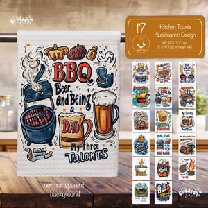 Puede incluir: Toalla de cocina blanca con diseño de barbacoa con una parrilla, jarra de cerveza y texto "BBQ, Beer, and Being a Dad - My Three Talents." Incluye 17 diseños de sublimación. La toalla mide 20,32 cm de largo.