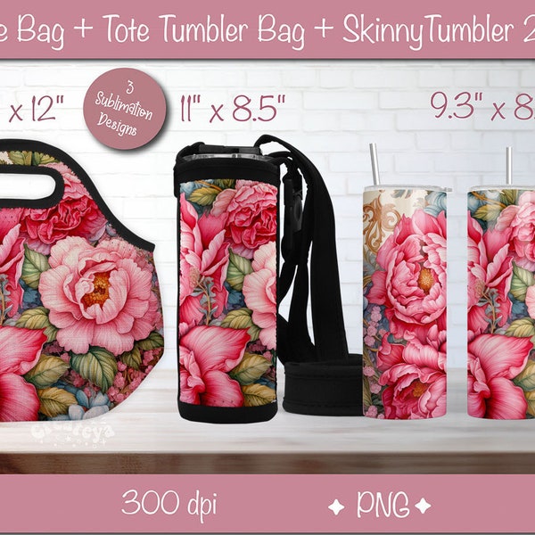 Lunch tote 20 oz skinny tumbler wrap design Tote Tumbler bag sublimation bundle Pink Peony Instant Digital Download, PNG