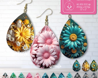 Floral Teardrop Earring PNG: Sublimation Designs (Digital Download)