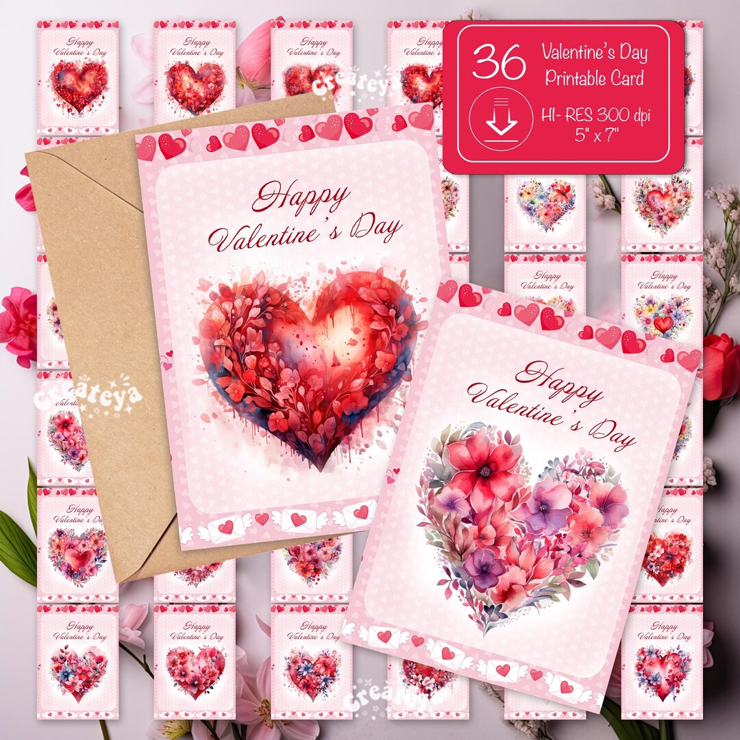 Valentine’s Day Printable Card Bundle Floral Heart Valentine Card ...