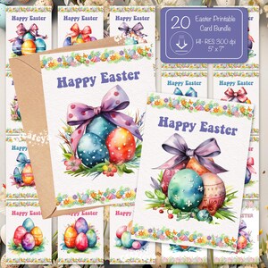 Conjunto de cartões para impressão de feliz Páscoa Cartão postal de ovos de Páscoa em aquarela Cartão digital de saudação de Páscoa para impressão e corte Laço coquete