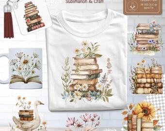 Watercolor Book Lover Sublimation Bundle Clipart Vintage Open Books Clipart with Flowers Cozy Reading PNG Autumn Book Stack Designs