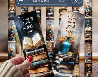 May include: A set of 28 printable bookmarks featuring quotes about books and reading. The bookmarks are designed with a vintage aesthetic and feature stacks of books, vases, and flowers. The quotes include "So many books, so little time" and "Lost in a good book".