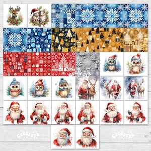 May include: A set of 24 digital Christmas clip art images featuring Santa Claus, owls, reindeer, snowflakes, and various Christmas patterns. The images are in a watercolor style with a white background.