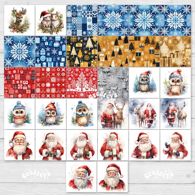 May include: A set of 24 digital Christmas clip art images featuring Santa Claus, owls, reindeer, snowflakes, and various Christmas patterns. The images are in a watercolor style with a white background.
