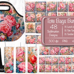 Purse look Lunch tote Lunch bag template Bundle 20 oz skinny tumbler wrap design Tote Tumbler bag sublimation bundle Peony Print