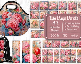 Peony Print Sublimation Design Bundle: Lunch Bag, Tote, Tumbler (Digital Download)