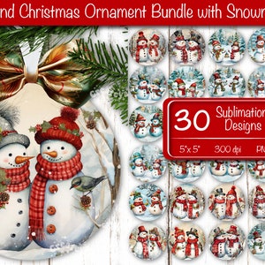 Vintage Christmas ornament bundle Round ornament Sublimation design Watercolor snowman PNG