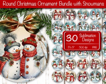 Vintage Christmas ornament bundle Round ornament Sublimation design Watercolor snowman PNG