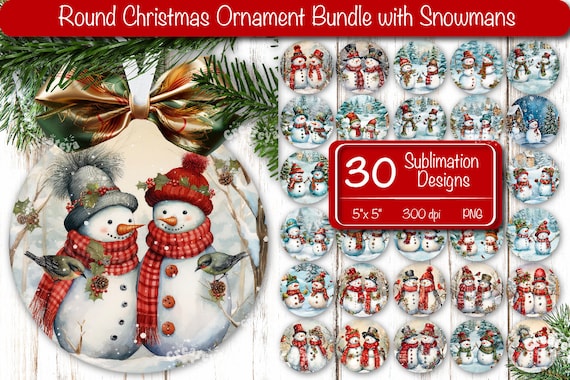 Vintage Christmas ornament bundle Round ornament Sublimation design Watercolor snowman PNG