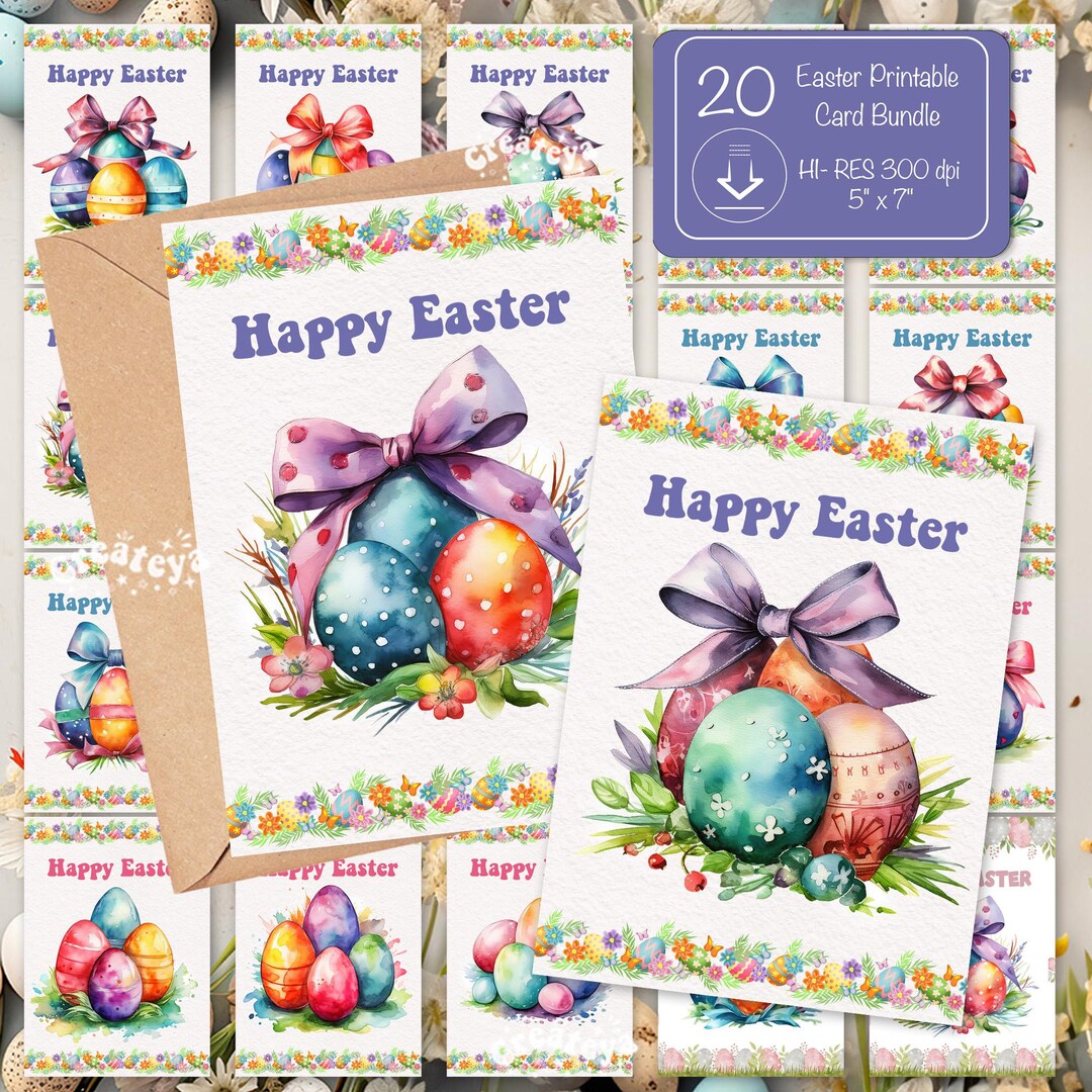Easter Printable Card Bundle 5x7 Watercolor Easter Eggs Cards Happy ...