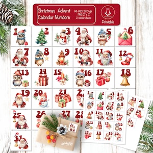 Könnte beinhalten: Ein druckbarer Weihnachtskalender mit den Nummern 1-31, der festliche Illustrationen von Weihnachtsmännern, Eulen, Schneemännern, Geschenken und Weihnachtsbäumen zeigt. Der Kalender ist mit einem roten Banner versehen, auf dem "Christmas Advent Calendar Numbers" steht.
