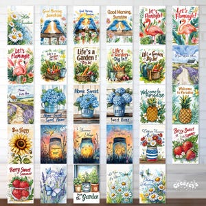 May include: A collection of 24 watercolor-style digital art prints featuring various garden and summer themes. The prints feature images of flowers, butterflies, birds, pineapples, mason jars, and more. The prints are perfect for adding a touch of nature to your home decor.