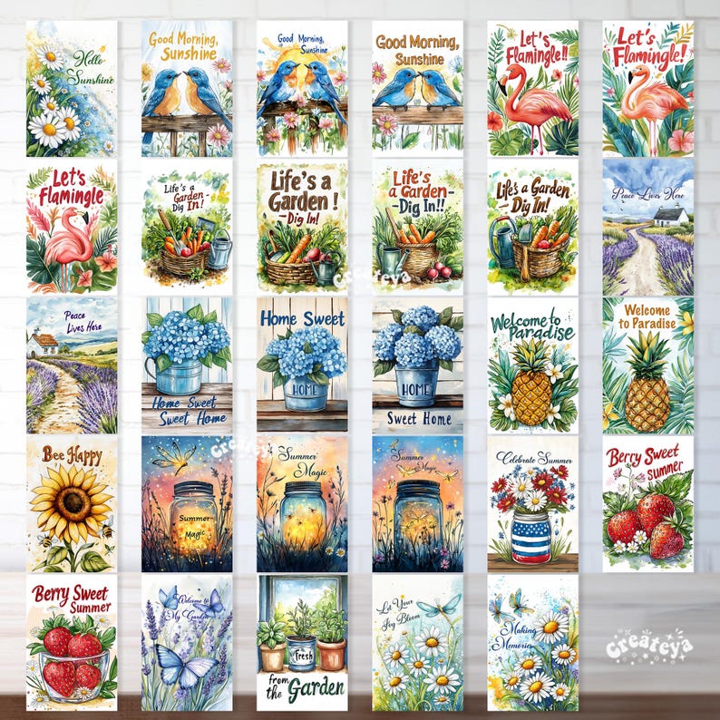 May include: A collection of 24 watercolor-style digital art prints featuring various garden and summer themes. The prints feature images of flowers, butterflies, birds, pineapples, mason jars, and more. The prints are perfect for adding a touch of nature to your home decor.